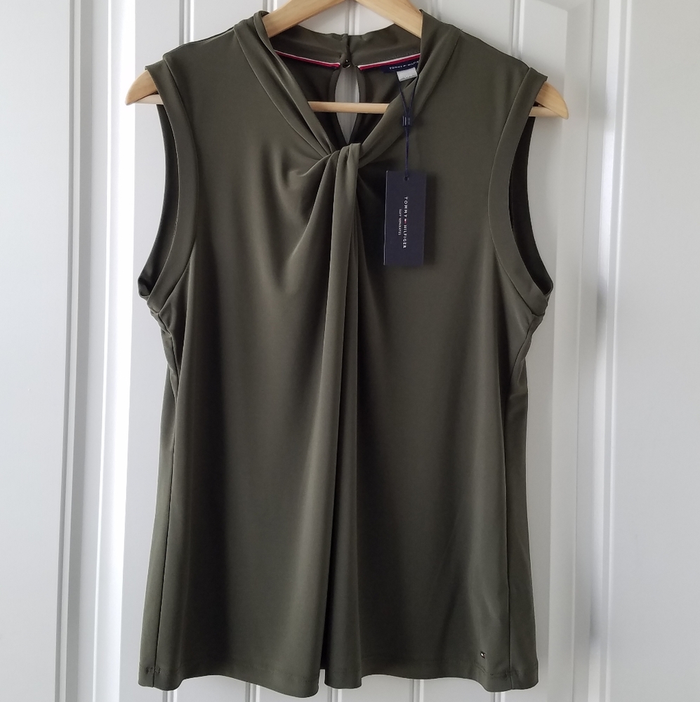 TOMMY HILFIGER Women's Sleeveless Knot Neck Top Olive Green Size L